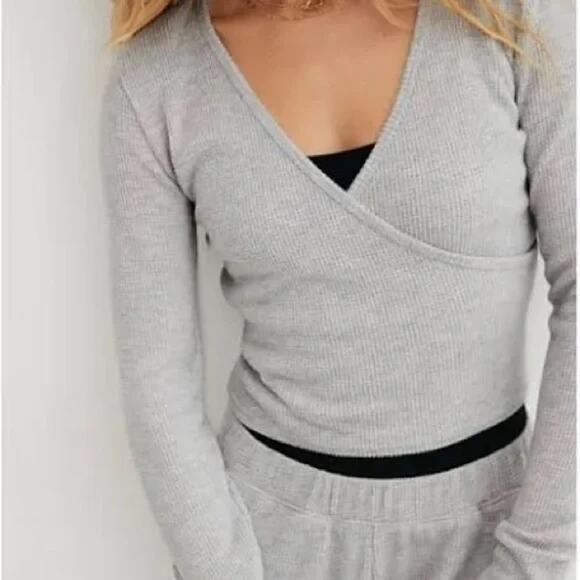 aerie Tops - Aerie Gray Long Sleeve Wrap Top